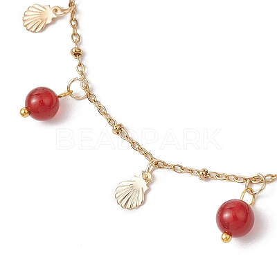 Dyed Natural Banded Agate Round & 304 Stainless Steel Shell Shape Tassel Anklets for Women AJEW-AN00702-02-1