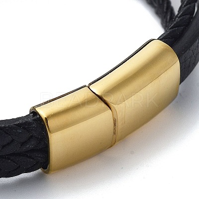 PVD Vacuum Plating Men's Black PU Leather Cord Multi-strand Bracelets BJEW-K243-41G-1