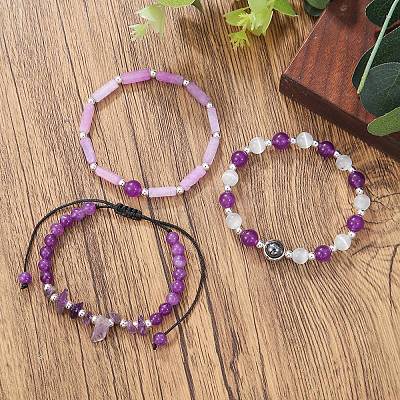 Natural Amethyst with Cat Eye Stone Bracelet Set for Women PW-WG80770-01-1