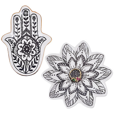 2Pcs 2 Styles Floral Hamsa Hand Flower Porcelain Trinket Dishes AJEW-ME0003-92-1