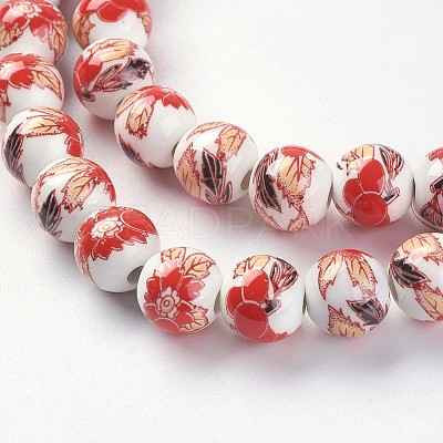 Handmade Flower Printed Porcelain Ceramic Beads Strands PORC-J006-A07-1