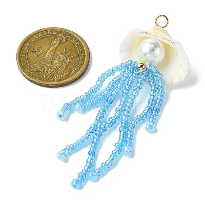 Natural Clam Shell & Glass Pearl & Glass Seed Beaded Big Pendants PALLOY-MZ00298-02-1
