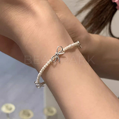 925 Sterling Silver & Imitation Pearl Beaded Bowknot Bracelets for Women UP9906-2-1