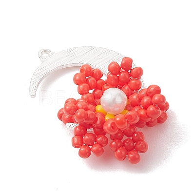 Glass Seed Beaded Moon & Flower Pendants PALLOY-MZ01185-04-1