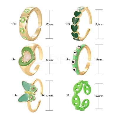 6Pcs 6 Style Spray Painted Brass & Brass Enamel & Micro Pave Cubic Zirconia Cuff Rings RJEW-LS0001-38-1