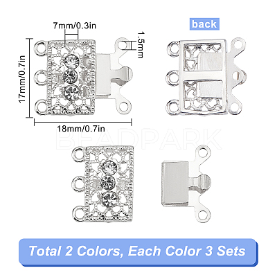 6 Sets 2 Colors 3-Strand 6-Hole Brass Filigree Box Clasps KK-SC0002-98-1