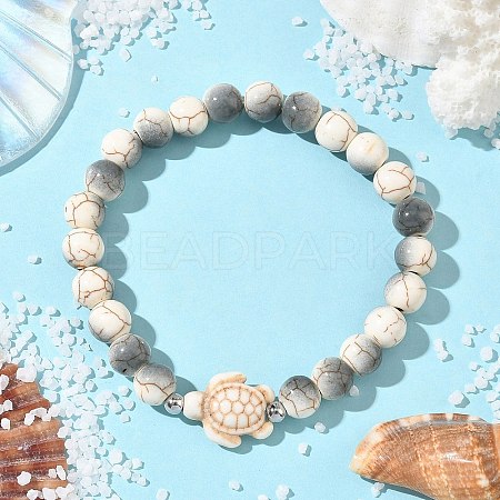 Baking Paint Synthetic Turquoise Round & Tortoise Beads Stretch Bracelets for Men Women BJEW-JB12340-02-1