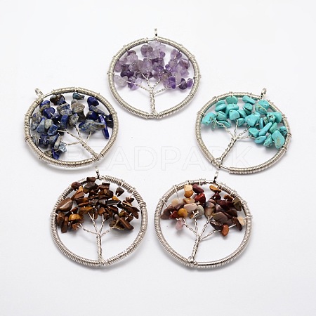 Tree of Life Natural & Synthetic Mixed Stone Bead Brass Wire Wrapped Big Pendants KK-L136-03-NR-1