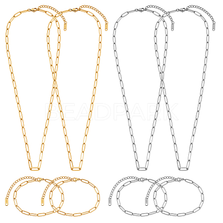 2 Styles 2 Colors 304 Stainless Steel Paperclip Chain Bracelets & Necklaces Sets SJEW-PH00003-1