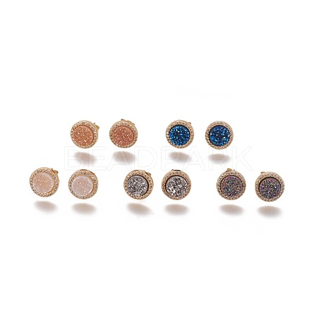 Electroplated Natural Druzy Agate Stud Earrings EJEW-F221-04-G-1