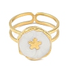 Ion Plating(IP) 304 Stainless Steel Enamel Flat Round with Flower Cuff Finger Rings RJEW-L107-067G-01-2