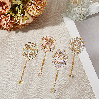 4Pcs 4 Styles Ballet Theme Brass & Iron Enamel Bookmarks with Chain and Bowknot Charms AJEW-SP0002-24-1