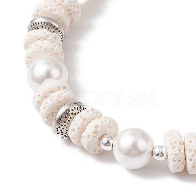 Flat Round Natural Lava Rock & Shell Pearl Beaded Stretch Bracelets for Women BJEW-JB12140-02-1