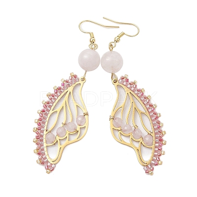 Butterfly Wing Natural Rose Quartz & Seed Beads Dangle Earrings EJEW-MZ00165-1