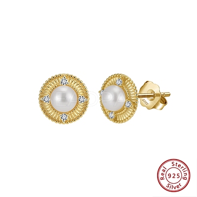 925 Sterling Silver Flat Round Stud Earrings EJEW-D326-02G-1