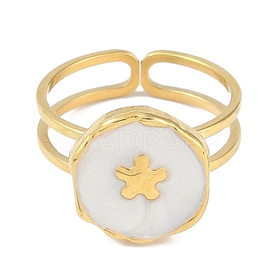 Ion Plating(IP) 304 Stainless Steel Enamel Flat Round with Flower Cuff Finger Rings RJEW-L107-067G-01-1