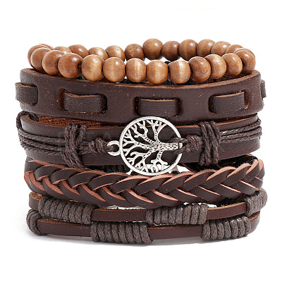 5Pcs 5 Style PU Leather Cord Bracelets Set PW-WG34135-02-1