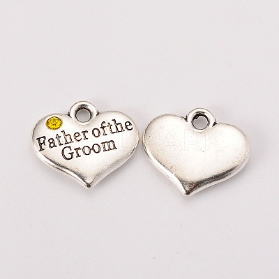 Wedding Theme Antique Silver Tone Tibetan Style Heart with Father of the Groom Rhinestone Charms TIBEP-N005-13B-1