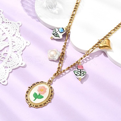 304 Stainless Steel Cloth Oval Embroidered Floral & Flower atural Keshi Pearl & Handmade Porcelain Glazed Hand Painted Tulip Flower Multi-Pendant Necklaces for Women NJEW-JN06354-1