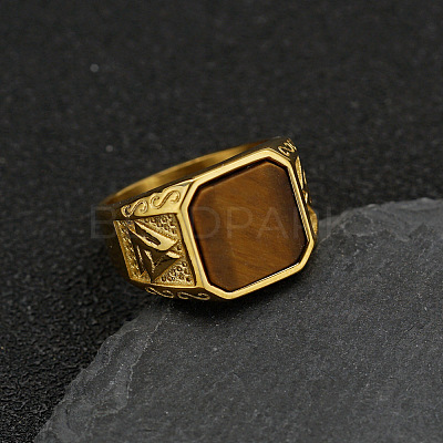 304 Stainless Steel with Natural Tiger Eye Finger Rings FS-WG06E27-05-1