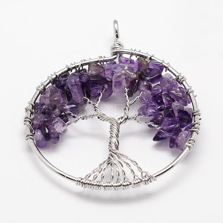 Tree of Life Natural Amethyst Bead Brass Wire Wrapped Big Pendants KK-L136-01E-NR-1