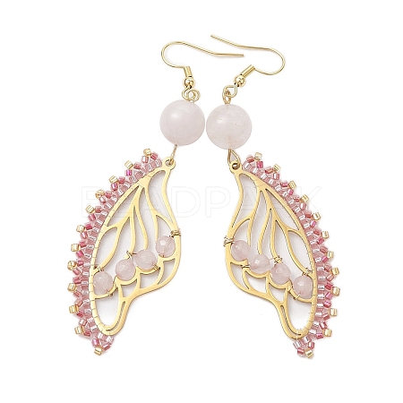 Butterfly Wing Natural Rose Quartz & Seed Beads Dangle Earrings EJEW-MZ00165-1