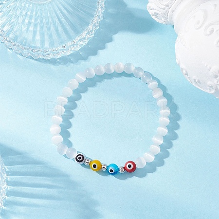 Cat Eye & Handmade Evil Eye Lampwork Round Beaded Stretch Bracelets for Women BJEW-JB12289-03-1