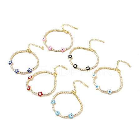 Flower with Evil Eye Enamel Link Bracelet with Clear Cubic Zirconia Tennis Chains BJEW-G650-03G-1