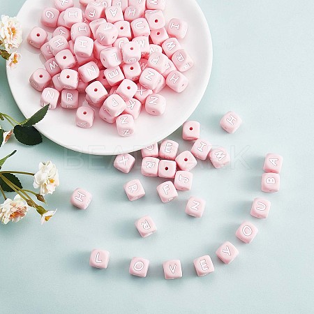 20Pcs Pink Cube Letter Silicone Beads 12x12x12mm Square Dice Alphabet Beads with 2mm Hole Spacer Loose Letter Beads for Bracelet Necklace Jewelry Making JX435K-1