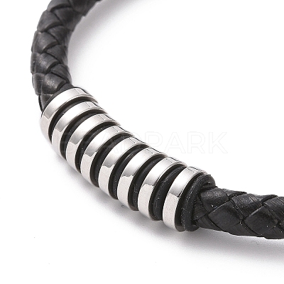 Black Leather Braided Cord Bracelet with 304 Stainless Steel Magnetic Clasps BJEW-P275-02P-1