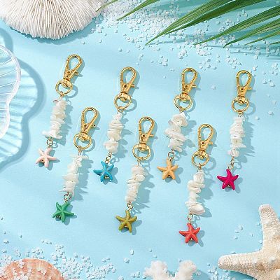 Natural White Mother of Pearl Shell & Synthetic Turquoise Starfish Pendant Decorations X-HJEW-JM02986-1