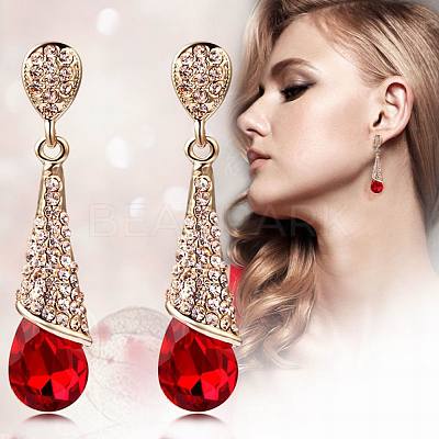 Real 18K Gold Plated Brass Rhinestone Teardrop Stud Earrings EJEW-EE0001-232E-1
