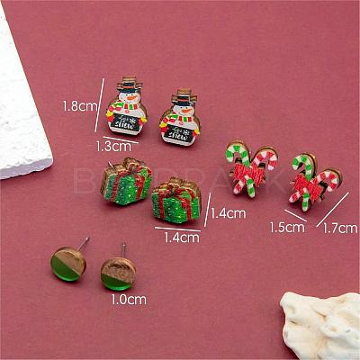4 Pairs Candy Cane & Snowman & Christmas Gift Printed Wood Stud Earrings EJEW-OY001-01-1