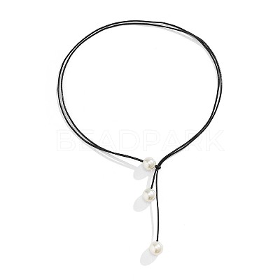 Double Layer Black Waxed Cord & Round Imitation Pearl Pendant Lariat Necklaces for Women FS-WG2C3B8-01-1