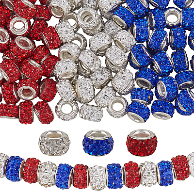 120Pcs 3 Colors Polymer Clay Rhinestone European Large Hole Beads with Silver Color Plated Brass Cores FPDL-LT0001-01A-1
