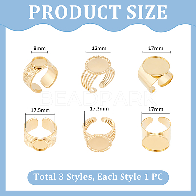 3Pcs 3 Styles 304 Stainless Steel Open Cuff Finger Ring Cabochon Settings STAS-UN0059-66G-1