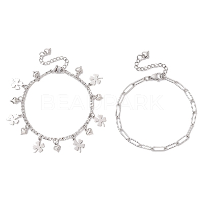 304 Stainless Steel Paperclip & Figaro Chain Bracelets for Women BJEW-JB12445-03-1