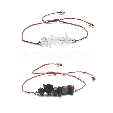2Pcs 2 Style Natural Quartz Crystal & Obsidian Chips Beaded Bracelets Set with Synthetic Hematite BJEW-JB07986-1