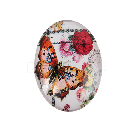 Butterfly Printed Glass Oval Cabochons GGLA-N003-18x25-C39-1