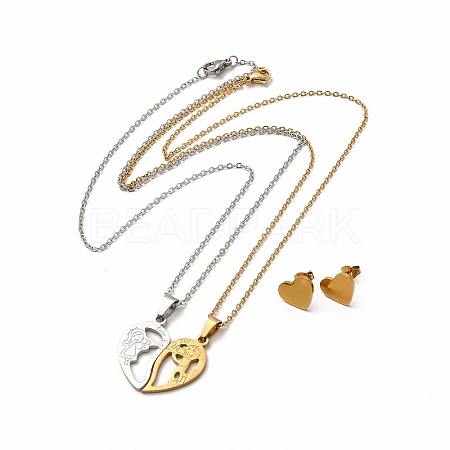 Heart with Boy & Girl Matching Couple Pendant Necklaces & Stud Earrings SJEW-E045-04GP-1