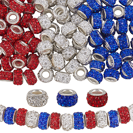 120Pcs 3 Colors Polymer Clay Rhinestone European Large Hole Beads with Silver Color Plated Brass Cores FPDL-LT0001-01A-1
