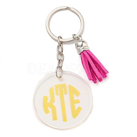 Acrylic Flat Round with Suede Tassel Pendant Keychain KEYC-G060-01C-1