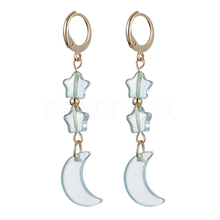 Moon & Star Glass Dangle Leverback Earrings with 304 Stainless Steel Pins EJEW-JE05605-02-1