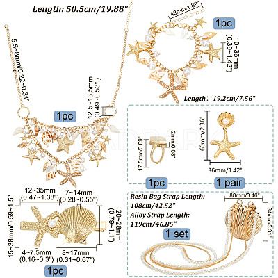 Natural Shell & Alloy Starfish Charm Bracelet & Bib Necklace & Adjustable Ring & Dangle Stud Earrings & Aligator Hair Clip & Mini Crossbody Bags SJEW-PH0001-11-1