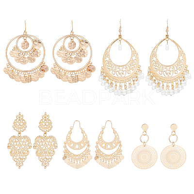 5 Pairs 5 Style Alloy Flat Round & Teardrop Filligree Boho Chandelier Earrings EJEW-AN0003-01-1