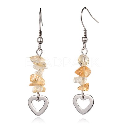 Heart Natural Citrine Dangle Earrings EJEW-JE01886-03-1