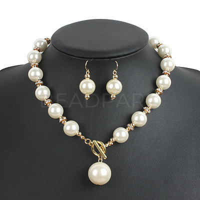 ABS Plastic Imitation Pearl Round Beaded Pendant Necklaces & Dangle Earrings Sets for Women WGD1C77-02-1
