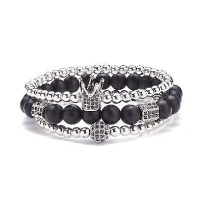 3Pcs 3 Style Round Synthetic Black Stone & Hematite Beaded Stretch Bracelets Set BJEW-JB07688-03-1
