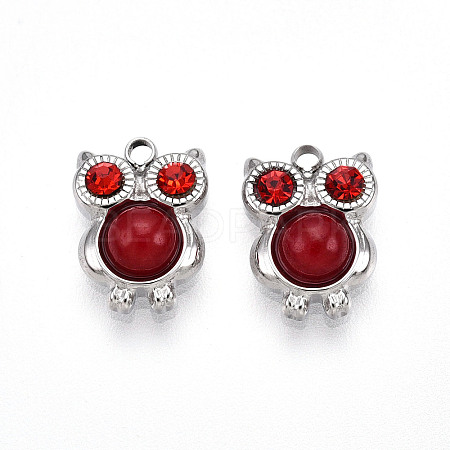 304 Stainless Steel Pave Natural Red Jasper and Ruby Rhinestone Owl Charms STAS-T064-66P-1