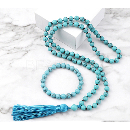 Synthetic Turquoise Round Beaded Pendant Necklaces & Bracelets Sets FS-WG9D102-12-1